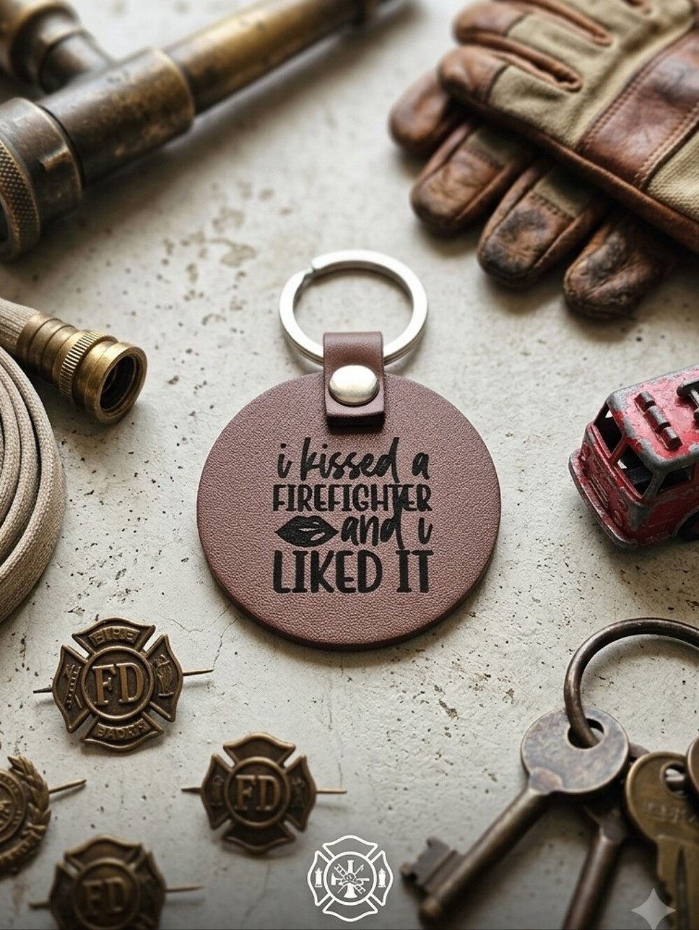 Round Brown Leather Keychain — "I Kissed a Firefighter"